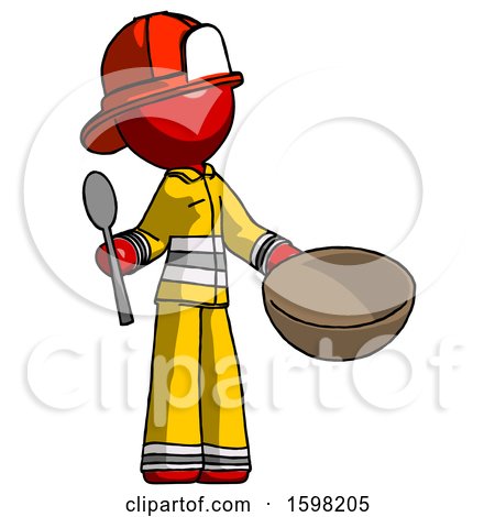 Red Firefighter Fireman Man with Empty Bowl and Spoon Ready to Make Something by Leo Blanchette