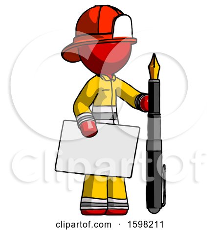 Red Firefighter Fireman Man Holding Large Envelope and Calligraphy Pen by Leo Blanchette