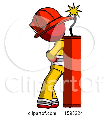 Red Firefighter Fireman Man Leaning Against Dynimate, Large Stick Ready to Blow by Leo Blanchette