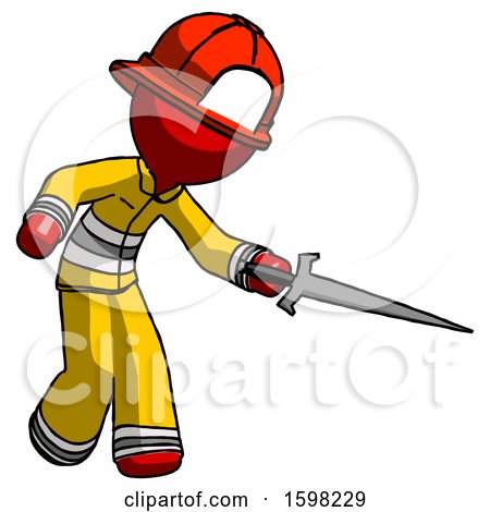 Red Firefighter Fireman Man Sword Pose Stabbing or Jabbing by Leo Blanchette