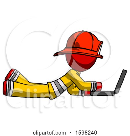 Red Firefighter Fireman Man Using Laptop Computer While Lying on Floor Side View by Leo Blanchette