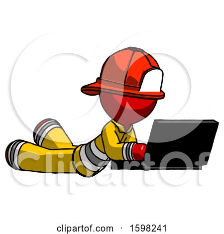 Red Firefighter Fireman Man Using Laptop Computer While Lying on Floor Side Angled View by Leo Blanchette