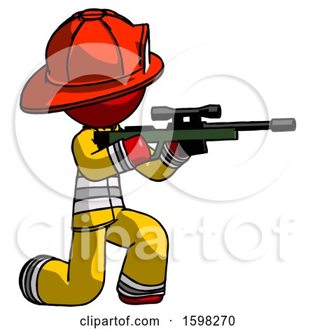 Red Firefighter Fireman Man Kneeling Shooting Sniper Rifle by Leo Blanchette