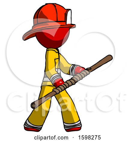 Red Firefighter Fireman Man Holding Bo Staff in Sideways Defense Pose by Leo Blanchette