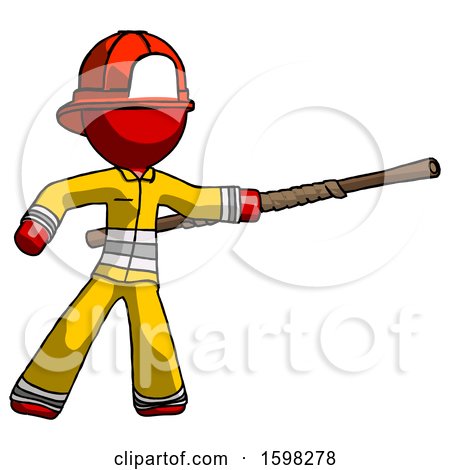 Red Firefighter Fireman Man Bo Staff Pointing Right Kung Fu Pose by Leo Blanchette