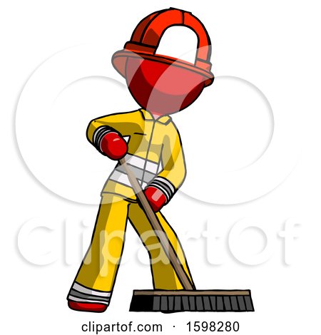 Red Firefighter Fireman Man Cleaning Services Janitor Sweeping Floor with Push Broom by Leo Blanchette