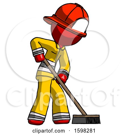 Red Firefighter Fireman Man Cleaning Services Janitor Sweeping Side View by Leo Blanchette