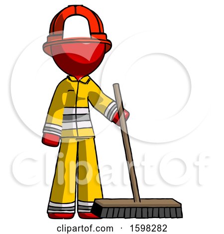 Red Firefighter Fireman Man Standing with Industrial Broom by Leo Blanchette
