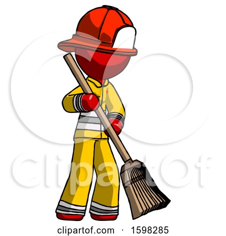 Red Firefighter Fireman Man Sweeping Area with Broom by Leo Blanchette