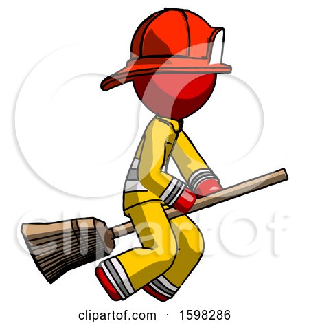 Red Firefighter Fireman Man Flying on Broom by Leo Blanchette