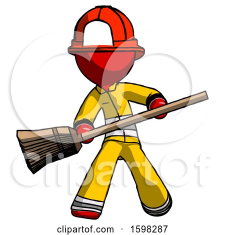 Red Firefighter Fireman Man Broom Fighter Defense Pose by Leo Blanchette
