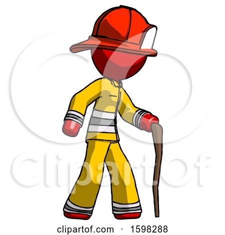 Red Firefighter Fireman Man Walking with Hiking Stick by Leo Blanchette