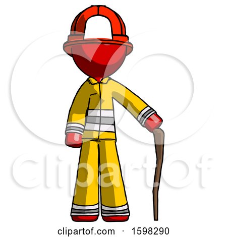 Red Firefighter Fireman Man Standing with Hiking Stick by Leo Blanchette