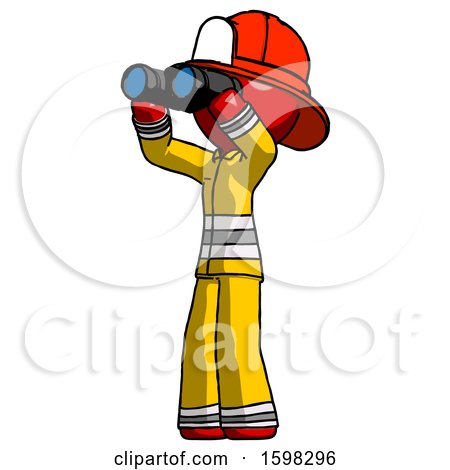 Red Firefighter Fireman Man Looking Through Binoculars to the Left by Leo Blanchette