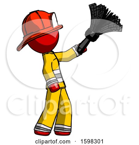 Red Firefighter Fireman Man Dusting with Feather Duster Upwards by Leo Blanchette