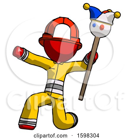 Red Firefighter Fireman Man Holding Jester Staff Posing Charismatically by Leo Blanchette