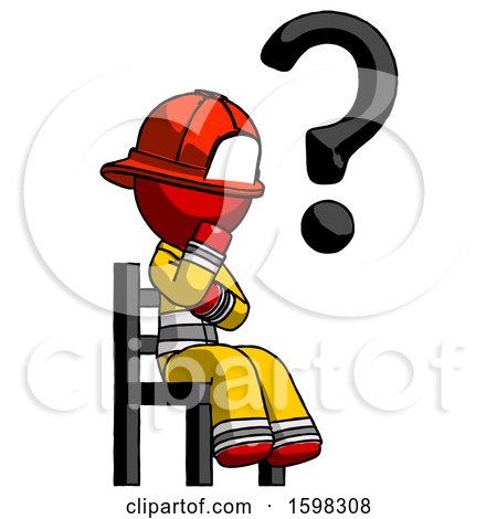 Red Firefighter Fireman Man Question Mark Concept, Sitting on Chair Thinking by Leo Blanchette
