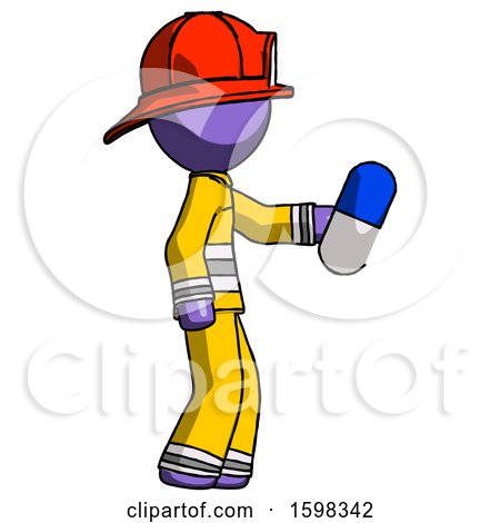 Purple Firefighter Fireman Man Holding Blue Pill Walking to Right by Leo Blanchette