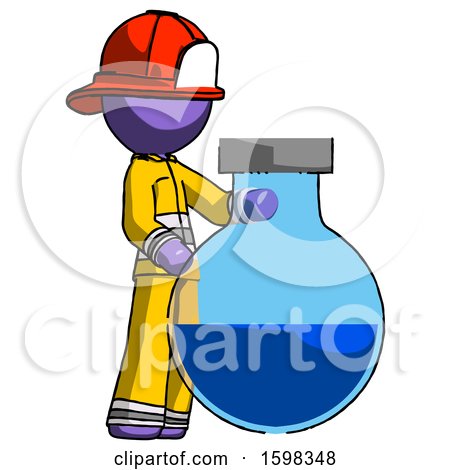 Purple Firefighter Fireman Man Standing Beside Large Round Flask or Beaker by Leo Blanchette