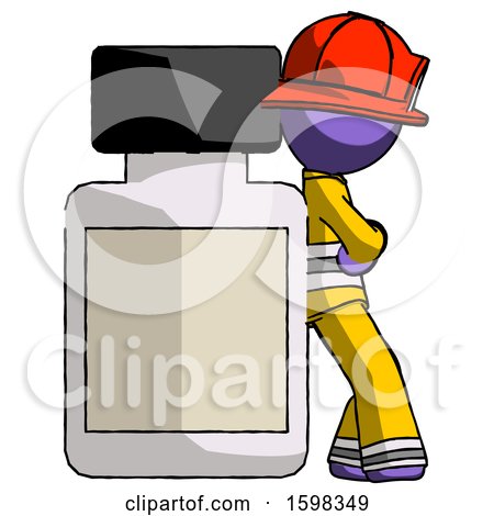 Purple Firefighter Fireman Man Leaning Against Large Medicine Bottle by Leo Blanchette