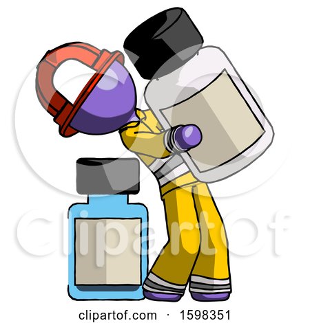 Purple Firefighter Fireman Man Holding Large White Medicine Bottle with Bottle in Background by Leo Blanchette