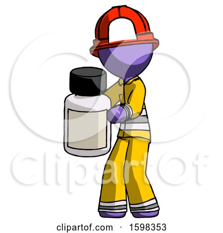 Purple Firefighter Fireman Man Holding White Medicine Bottle by Leo Blanchette