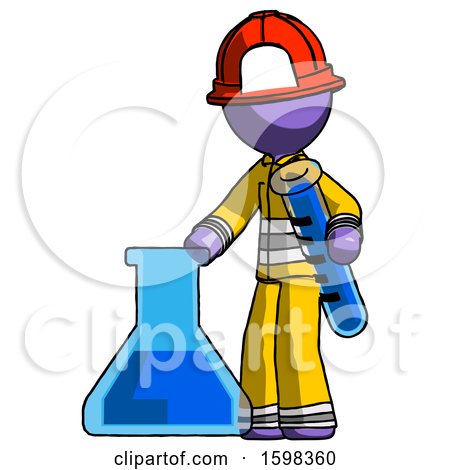 Purple Firefighter Fireman Man Holding Test Tube Beside Beaker or Flask by Leo Blanchette