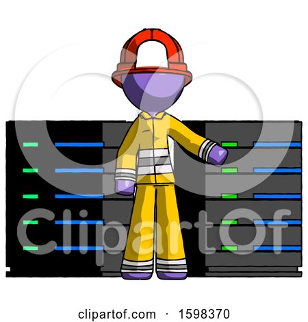 Purple Firefighter Fireman Man with Server Racks, in Front of Two Networked Systems by Leo Blanchette