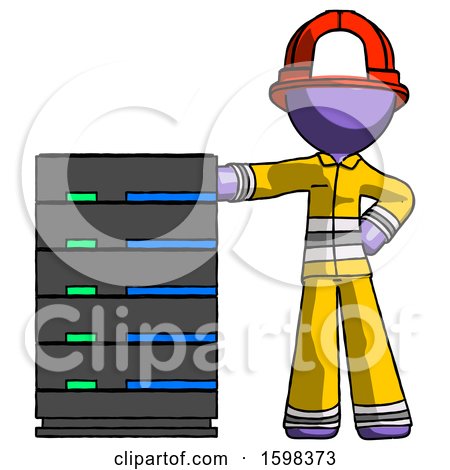 Purple Firefighter Fireman Man with Server Rack Leaning Confidently Against It by Leo Blanchette