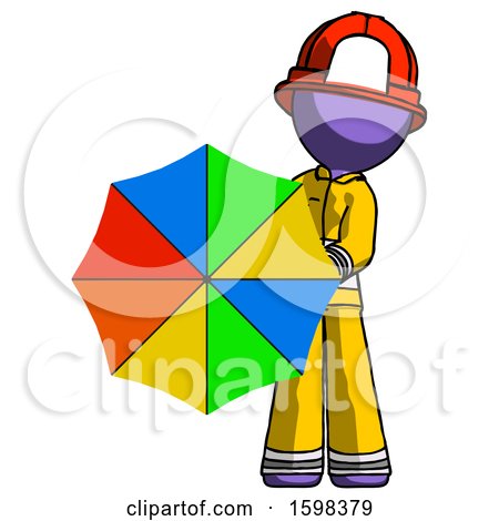 Purple Firefighter Fireman Man Holding Rainbow Umbrella out to Viewer by Leo Blanchette