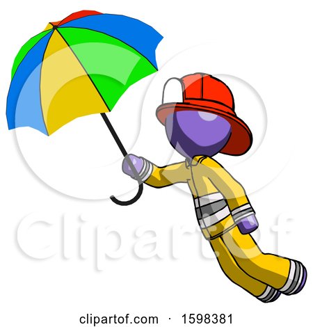 Purple Firefighter Fireman Man Flying with Rainbow Colored Umbrella by Leo Blanchette