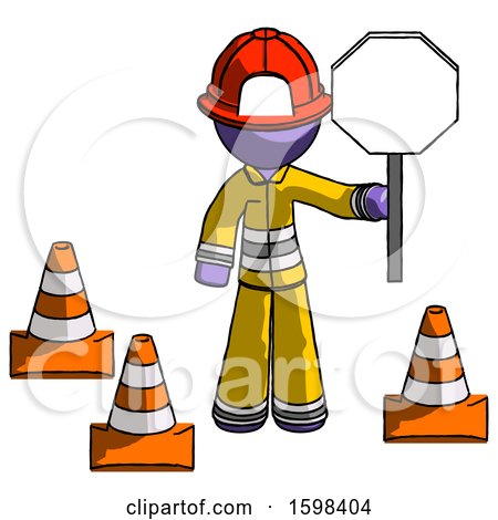 Purple Firefighter Fireman Man Holding Stop Sign by Traffic Cones Under Construction Concept by Leo Blanchette