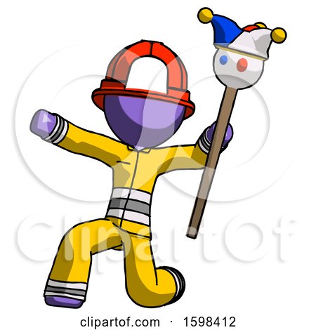 Purple Firefighter Fireman Man Holding Jester Staff Posing Charismatically by Leo Blanchette