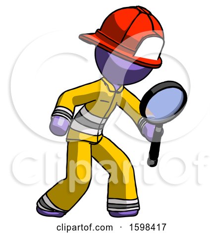 Purple Firefighter Fireman Man Inspecting with Large Magnifying Glass Right by Leo Blanchette