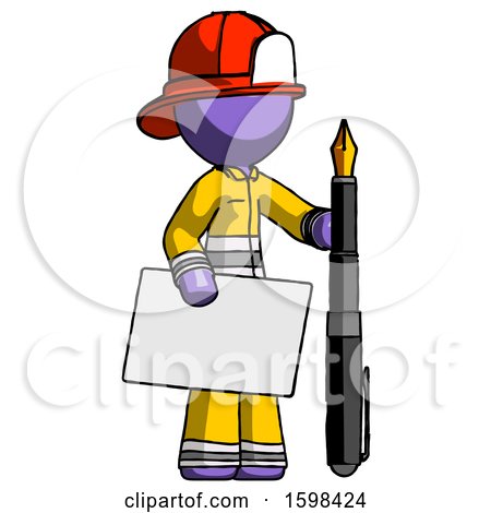 Purple Firefighter Fireman Man Holding Large Envelope and Calligraphy Pen by Leo Blanchette
