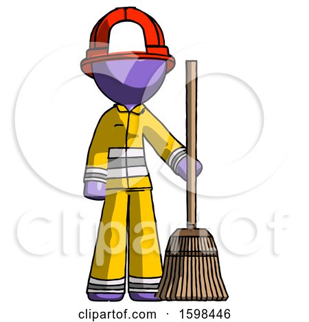 Purple Firefighter Fireman Man Standing with Broom Cleaning Services by Leo Blanchette