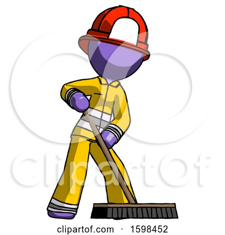 Purple Firefighter Fireman Man Cleaning Services Janitor Sweeping Floor with Push Broom by Leo Blanchette