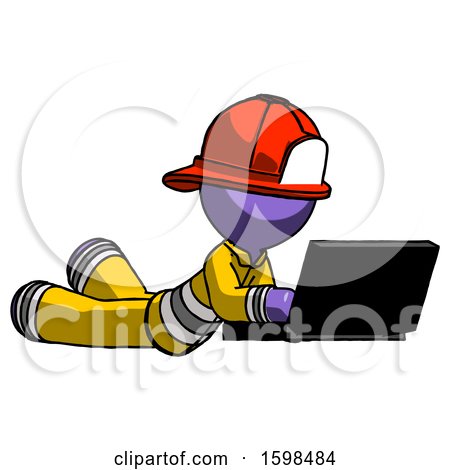 Purple Firefighter Fireman Man Using Laptop Computer While Lying on Floor Side Angled View by Leo Blanchette