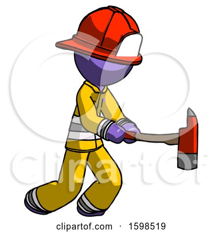 Purple Firefighter Fireman Man with Ax Hitting, Striking, or Chopping by Leo Blanchette