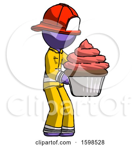 Purple Firefighter Fireman Man Holding Large Cupcake Ready to Eat or Serve by Leo Blanchette
