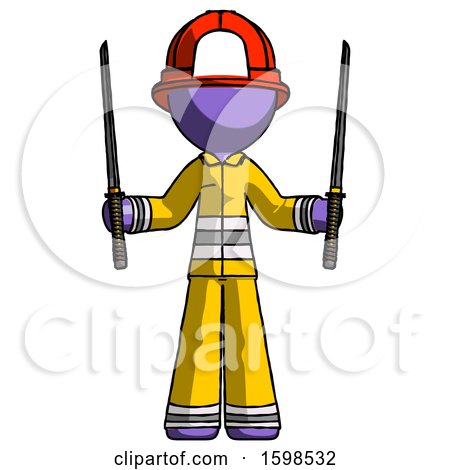 Purple Firefighter Fireman Man Posing with Two Ninja Sword Katanas up by Leo Blanchette