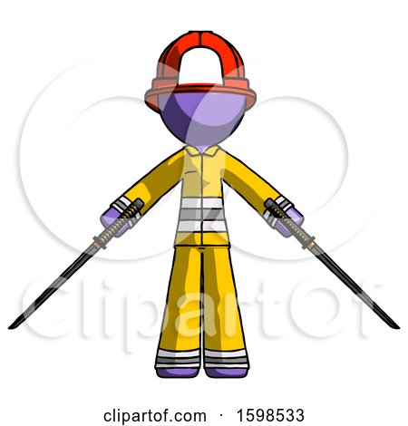 Purple Firefighter Fireman Man Posing with Two Ninja Sword Katanas by Leo Blanchette