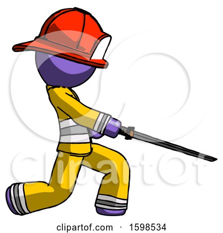 Purple Firefighter Fireman Man with Ninja Sword Katana Slicing or Striking Something by Leo Blanchette