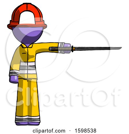 Purple Firefighter Fireman Man Standing with Ninja Sword Katana Pointing Right by Leo Blanchette