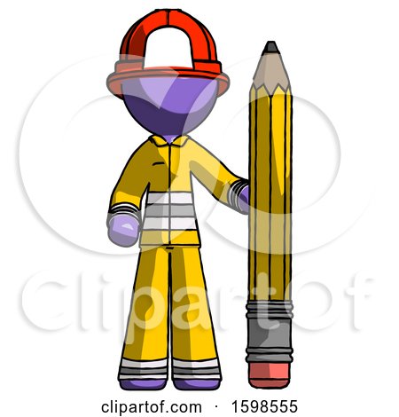 Purple Firefighter Fireman Man with Large Pencil Standing Ready to Write by Leo Blanchette