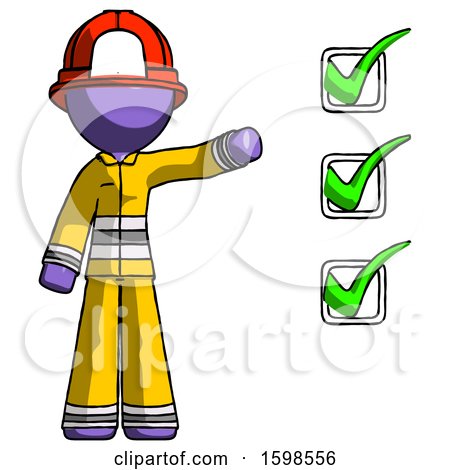 Purple Firefighter Fireman Man Standing by List of Checkmarks by Leo Blanchette