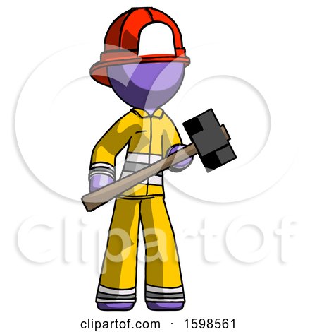 Purple Firefighter Fireman Man with Sledgehammer Standing Ready to Work or Defend by Leo Blanchette