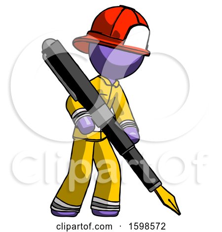 Purple Firefighter Fireman Man Drawing or Writing with Large Calligraphy Pen by Leo Blanchette
