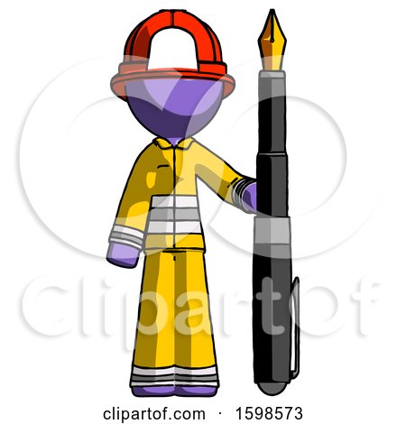 Purple Firefighter Fireman Man Holding Giant Calligraphy Pen by Leo Blanchette