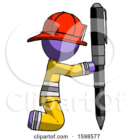 Purple Firefighter Fireman Man Posing with Giant Pen in Powerful yet Awkward Manner. by Leo Blanchette